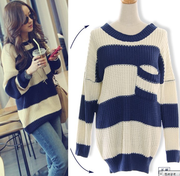 2013 spring 022089 trend new arrival stripe color block decoration the chest a large pocket sweater dress high quality