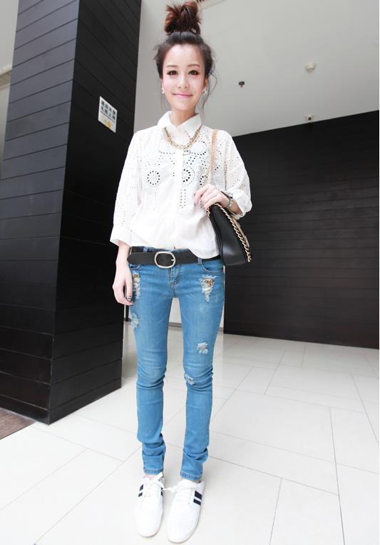 2013 spring all-match distrressed rivet solid color denim pencil pants taper hole jeans