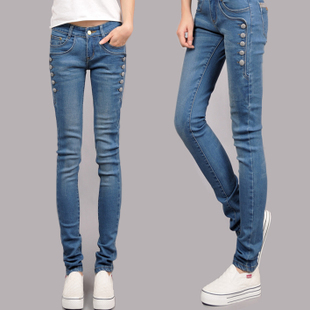 2013 spring all-match elastic skinny pants on both sides of buttons jeans female trousers