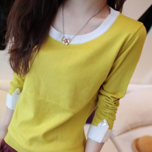 2013 spring all-match low collar color block basic sweater basic shirt long-sleeve sweater female