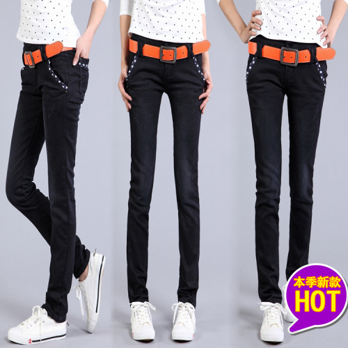 2013 spring and autumn black pencil pants women's fashion jeans,women's popular button jeans wholesale free shipping size 26-31