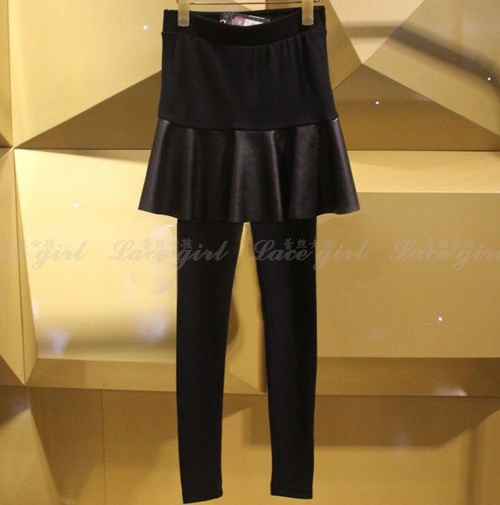 2013 spring and autumn casual PU water washed leather skirt patchwork faux two piece leather skirt legging