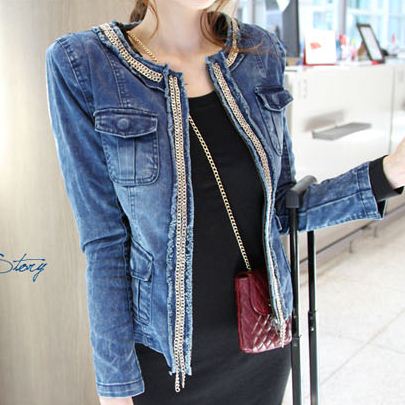 2013 spring and autumn chain decoration denim outerwear short design women's top slim waist jacket motorcycle loading