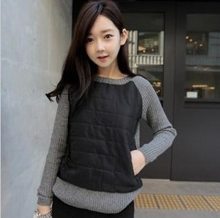 2013 spring and autumn classic o-neck zipper bag personalized p leather patchwork thermal t-shirt