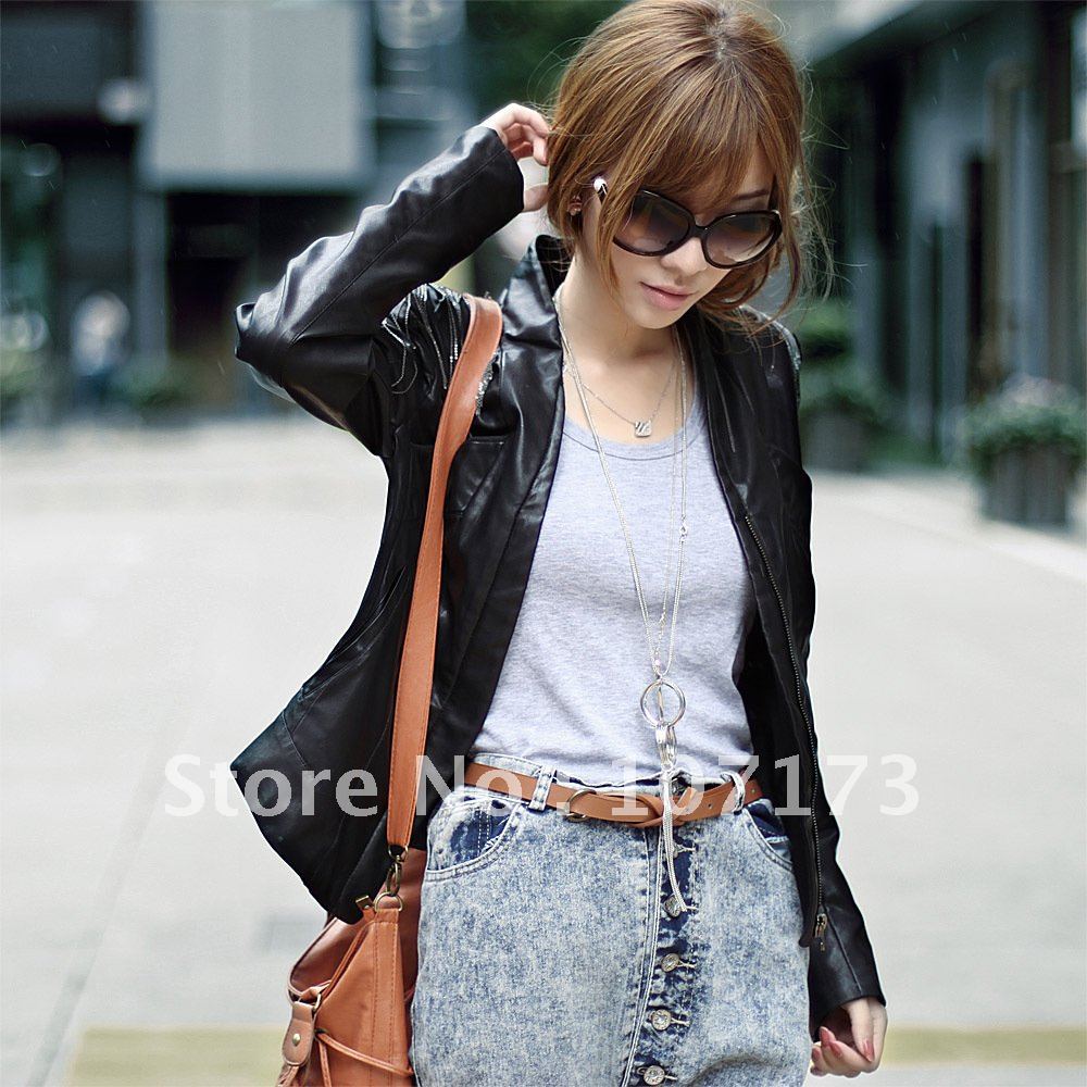 2013 Spring And Autumn Fashion Open Neck Short Design Small Leather Coats For Women