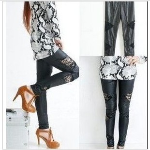 2013 spring and autumn fashion triangle lace patchwork faux leather female basic ankle length trousers