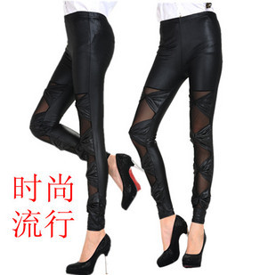 2013 Spring and autumn faux leather bow lace gauze ankle length trousers legging fashion