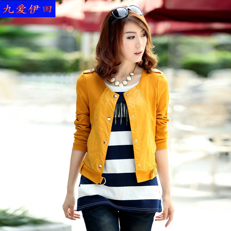 2013 spring and autumn female knitted patchwork leather clothing jacket short jacket short design o-neck long-sleeve slim thin