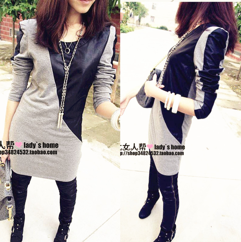 2013 spring and autumn female patchwork leather small slim long design basic shirt long-sleeve dress