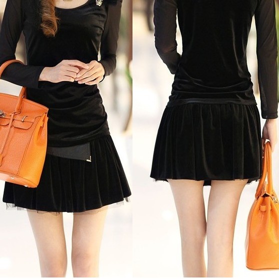 2013 spring and autumn female short  leather u patchwork velvet yarn skirts all-match sexy miniskirt