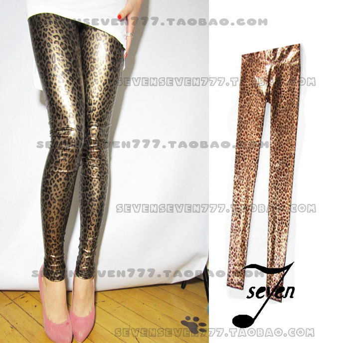 2013 spring and autumn gold leopard print high waist glossy faux leather legging pants legging