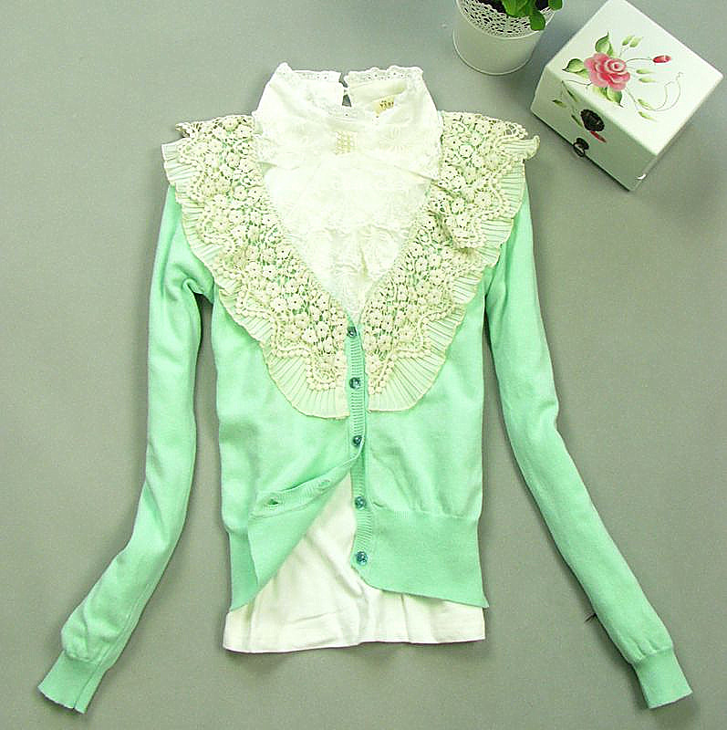 2013 spring and autumn green ruffle lace long-sleeve sweater cotton thin female small cardigan outerwear