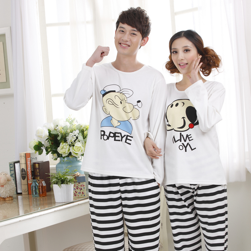 2013 spring and autumn knitted cotton long-sleeve sleepwear male Women cartoon lovers casual lounge set