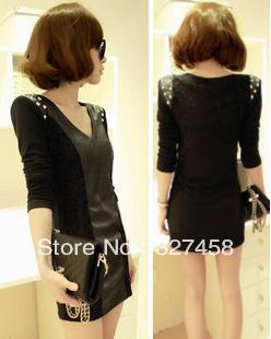 2013 spring and autumn lace patchwork slim sexy slim hip leather skirt long-sleeve one-piece dress