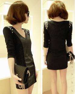 2013 spring and autumn lace patchwork slim sexy slim hip leather skirt long-sleeve spring one-piece dress