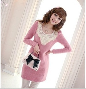 2013 spring and autumn leather cape hare wool patchwork lace collar personalized handmade beaded pearl one-piece dress