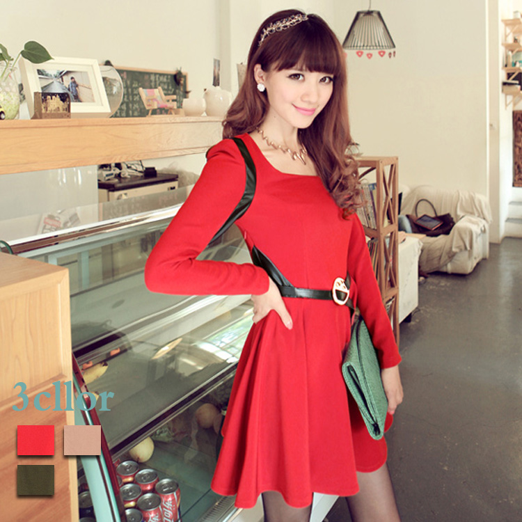 2013 spring and autumn leather decoration one-piece dress skirt the bride red dress belt free shipping