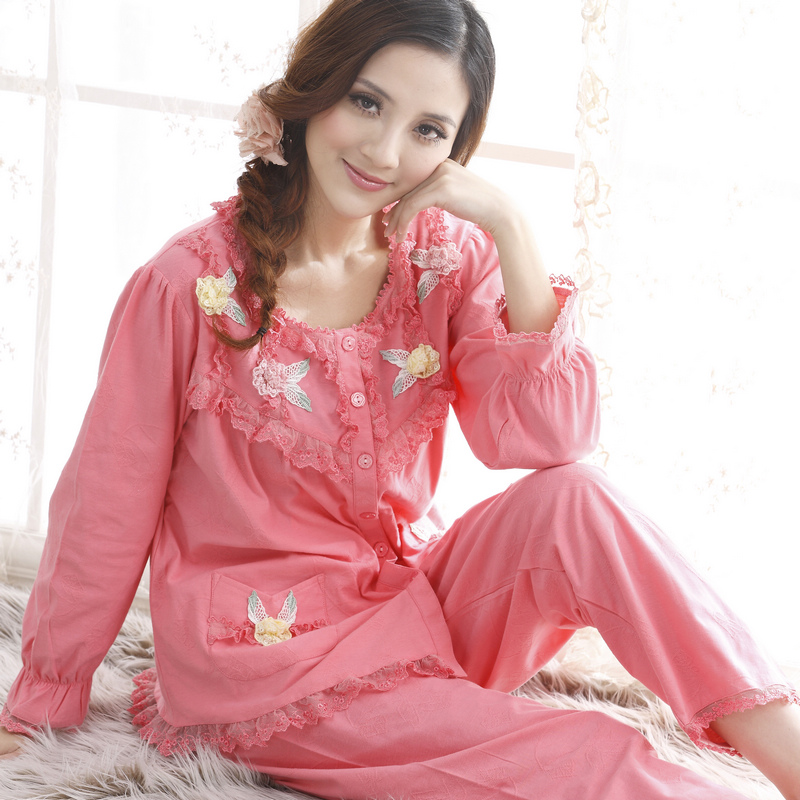 2013 spring and autumn long-sleeve 100% cotton sleepwear women's lace decoration twinset lounge