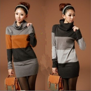 2013 spring and autumn long sleeve stripe, women sweater, female slim turtleneck  collar cotton medium-long knitted sweater