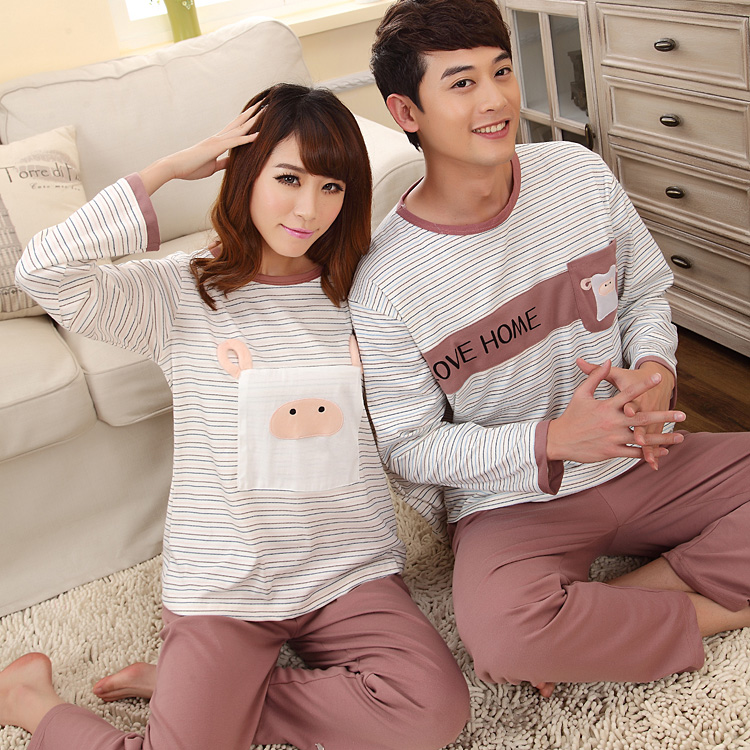 2013 spring and autumn male women's pure cotton lovers sleepwear cartoon lounge set