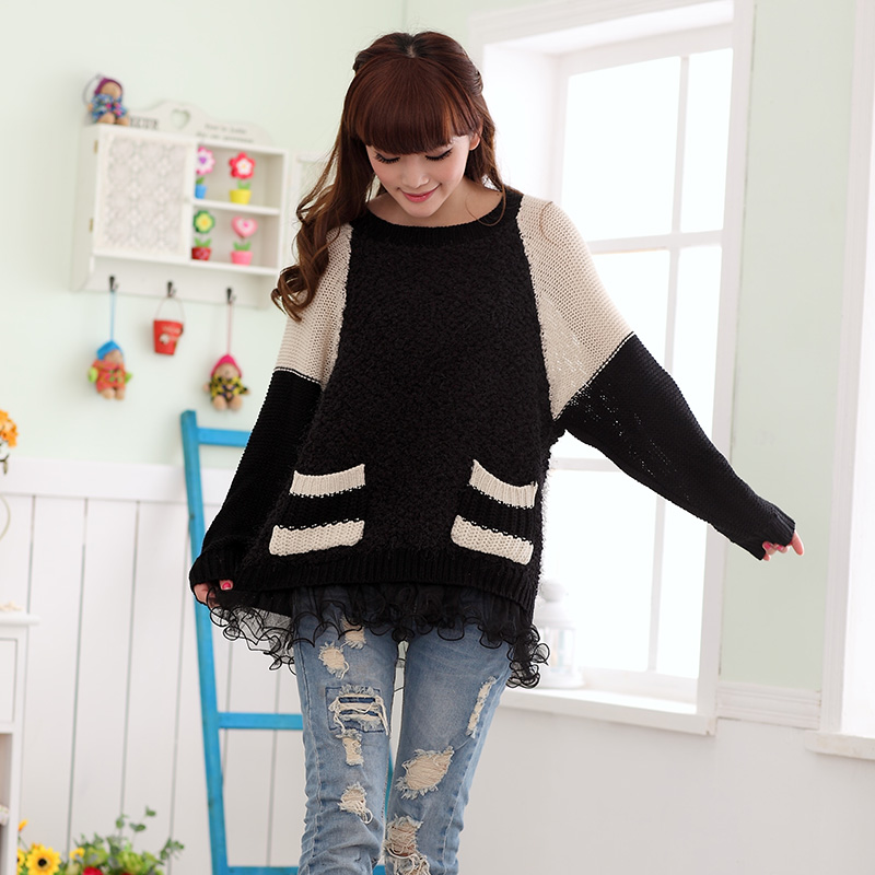 2013 spring and autumn new arrival lace sweep laciness patchwork princess sweater knitted basic shirt Free Shipping