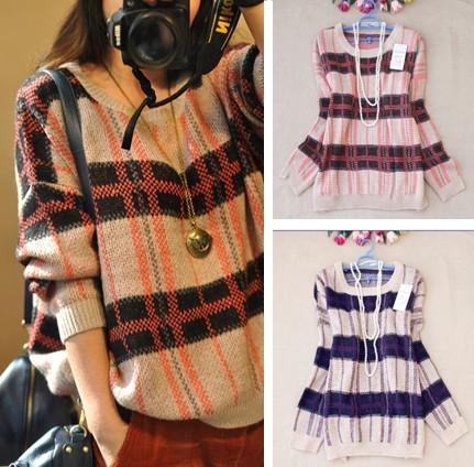 2013 spring and autumn new arrival soft loose vintage knitted basic shirt big check sweater outerwear