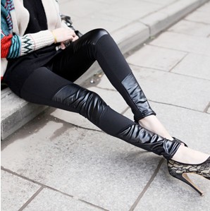 2013 spring and autumn pants fashion faux leather patchwork ankle length legging .