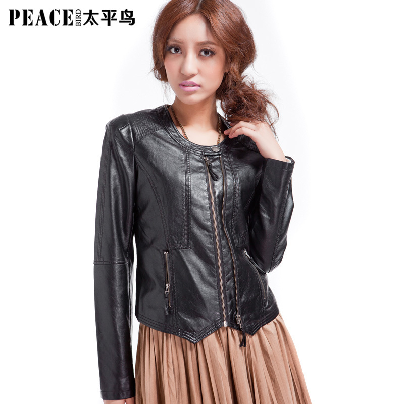 2013 spring and autumn PEACEBIRD women's o-neck long-sleeve slim PU outerwear female