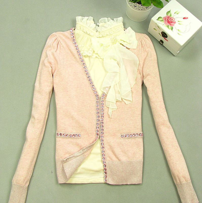 2013 spring and autumn pink elegant paillette beading sweater thin female small cardigan short design sweater outerwear