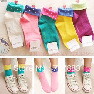 2013 spring and autumn roll up hem polka dot candy color sock 100% cotton ladies socks,FREE SHIPPING 10PCS/LOT