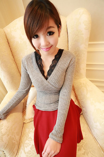 2013 spring and autumn sexy V-neck faux two piece lace knitted cotton long-sleeve basic top