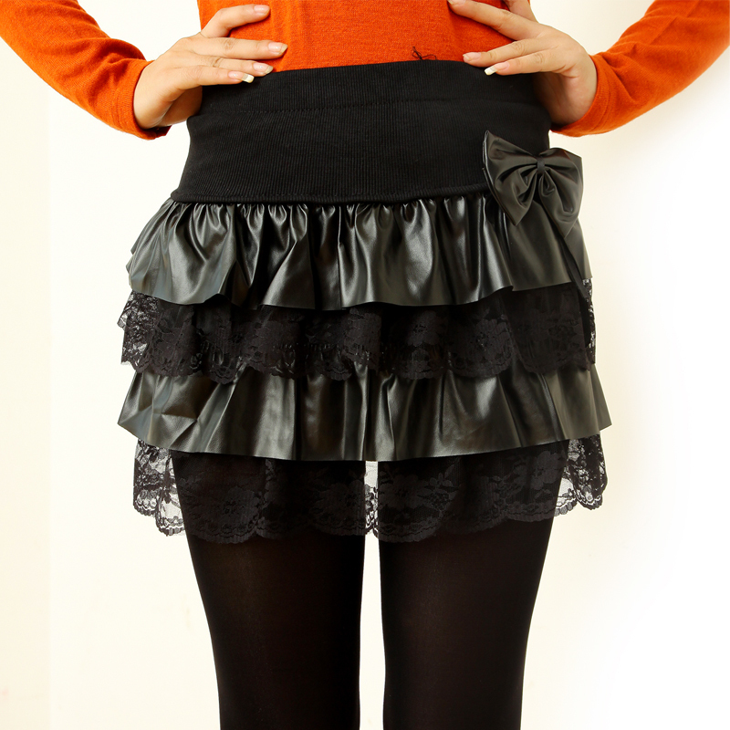 2013 spring and autumn short skirt female layered pleated dress multi-layer lace bow leather skirt