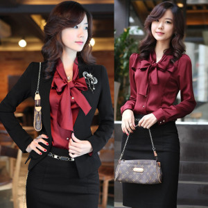 2013 spring and autumn slim bow shirt dress pants set work wear female suit set