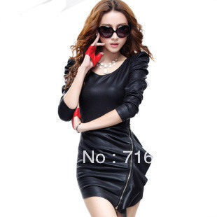 2013 spring and autumn slim hip basic skirt PU skirt water washed leather long-sleeve dress