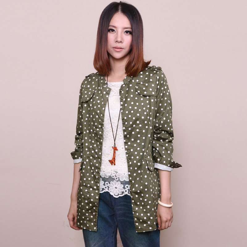 2013 spring and autumn stand collar military epaulette elastic waist polka dot cotton trench outerwear 2