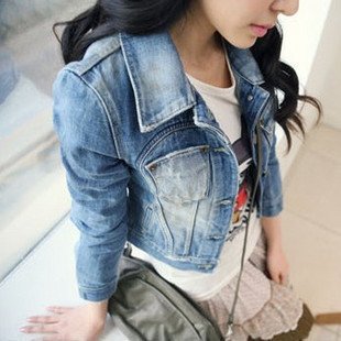 2013 spring and autumn Turn-down collar short design blue denim women jacket S,M,L Free shipping