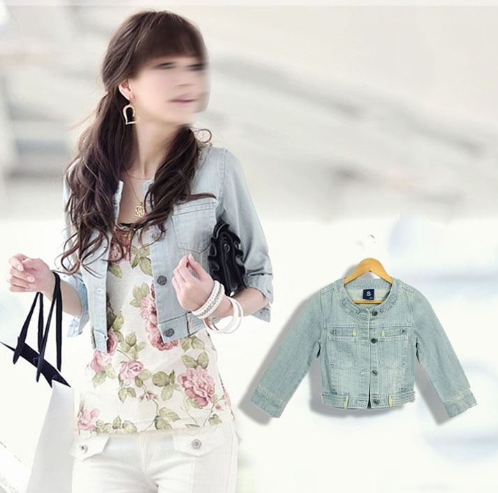 2013 spring and autumn women's a3529 casual o-neck fashion light blue three quarter sleeve denim coat