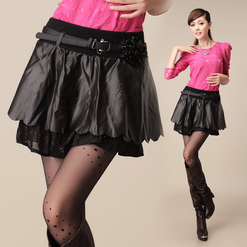 2013 spring and autumn women's elegant leather gentlewomen PU chiffon patchwork all-match pleated skirt bust skirt