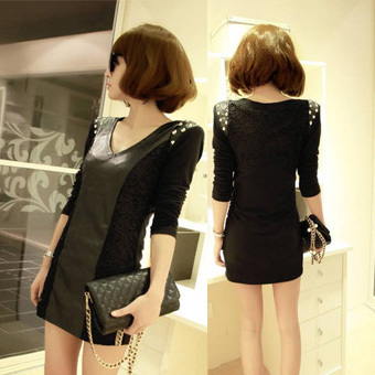 2013 spring and autumn women's fashion punk slim lace patchwork long-sleeve leather one-piece dress free shipping