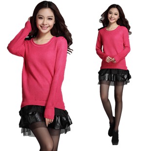 2013 spring and autumn women's gauze patchwork sweater dress slim all-match long-sleeve dress skirt 1820 basic