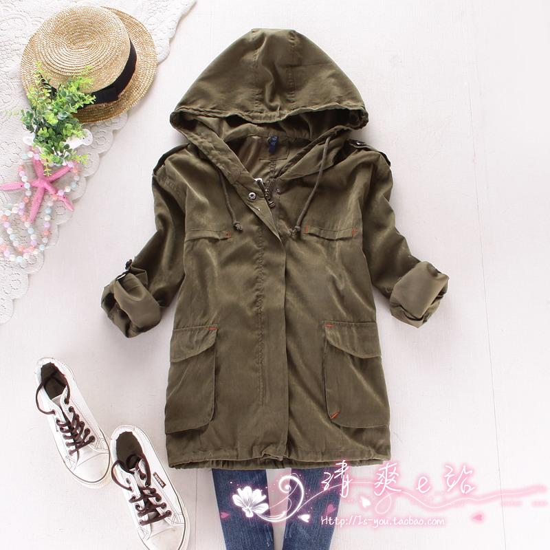 2013 spring and autumn women's loose plus size hooded solid color drawstring waist slim half sleeve outerwear trench tooling