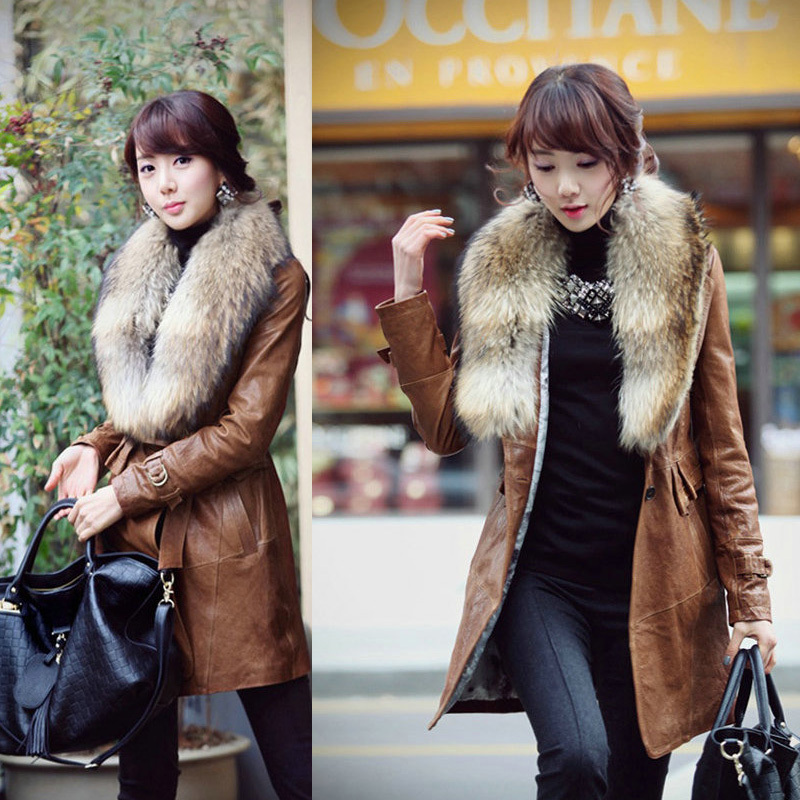 2013 spring and autumn women's luxurious and noble raccoon fur leather clothing trench outerwear slim overcoat