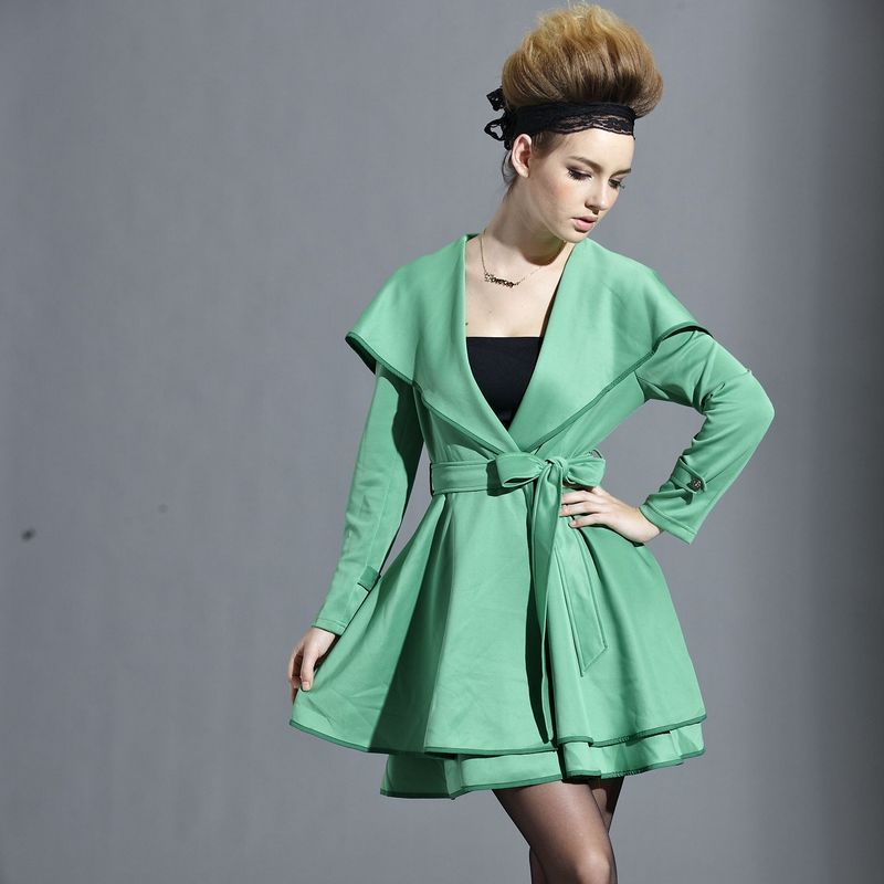 2013 spring and autumn women's outerwear autumn and winter large lapel ruffle sweep royal medium-long belt