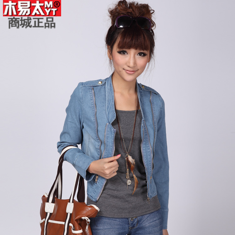 2013 spring and autumn women's stand collar zipper long-sleeve decoration elastic water wash denim coat outerwear short design