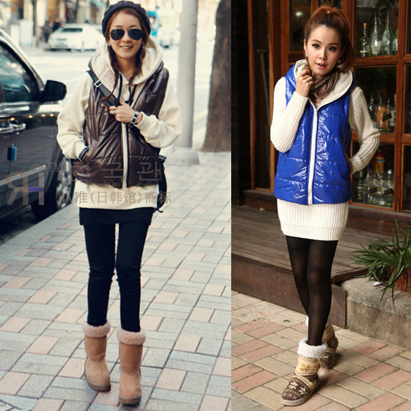 2013 spring and autumn women's thickening fleece liner glossy trench zipper with a hood vest outerwear Free Shipping