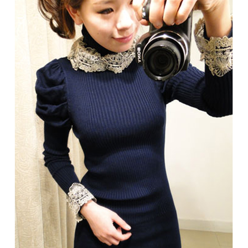 2013 spring and autumn women's turtleneck lace decoration slim all-match long-sleeve pullover sweater