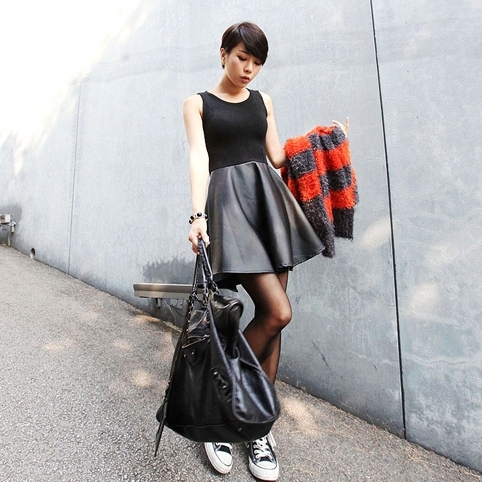 2013 spring and autumn women's ultralarge skirt one-piece dress patchwork slim vest clothing small leather skirt