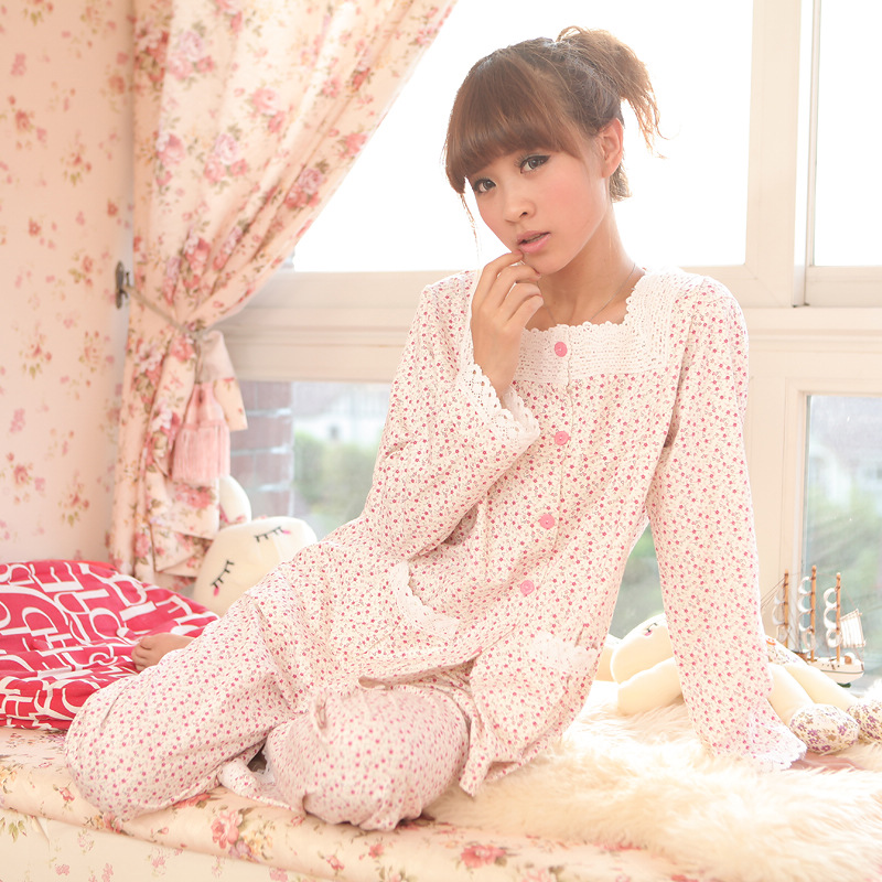 2013 spring and autumn Women thick knitted cotton long sleeve length pants sleepwear lounge set simple and natural comfort