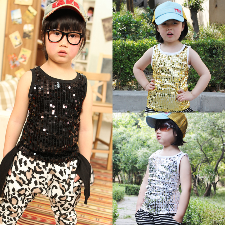 2013 spring and summer all-match paillette child clothing baby girls sleeveless T-shirt vest 90001