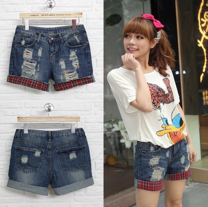 2013 spring and summer all-match roll-up hem red plaid casual denim shorts female trousers